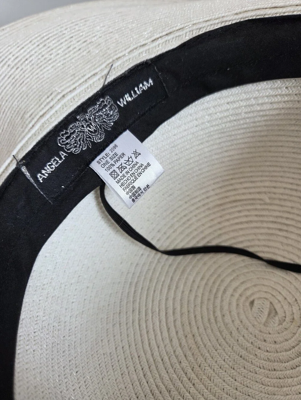 Angela William Straw Beach Sun Hat White Paper Black Band Resortwear Travel